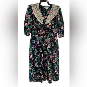 Sweet Miranda 80S 90s Vintage Midi Lace Collar Wildflower Grunge Dress size M/L